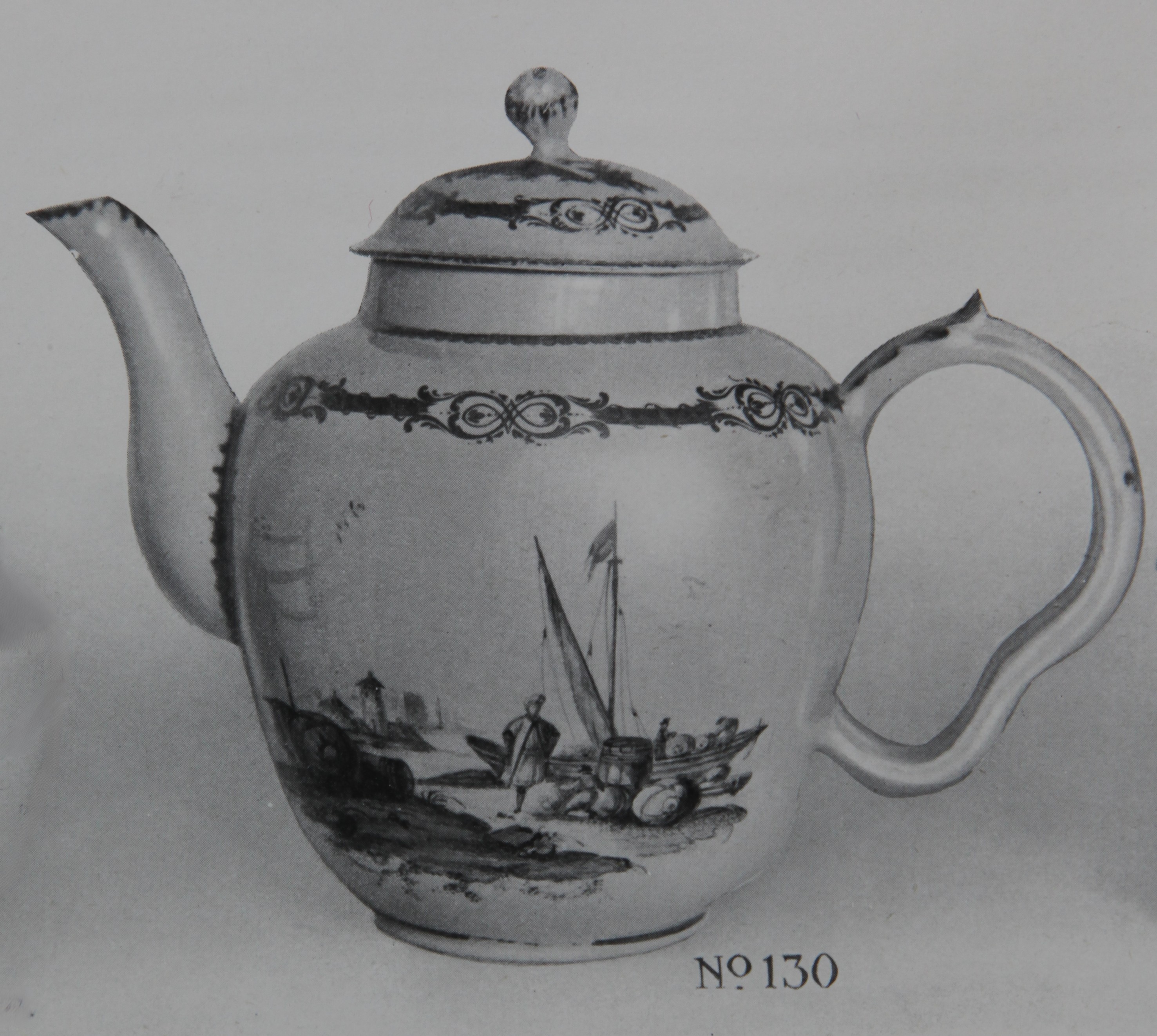 Fine teapot painted with harbour scenes, No. 130 from Trapnell Collection