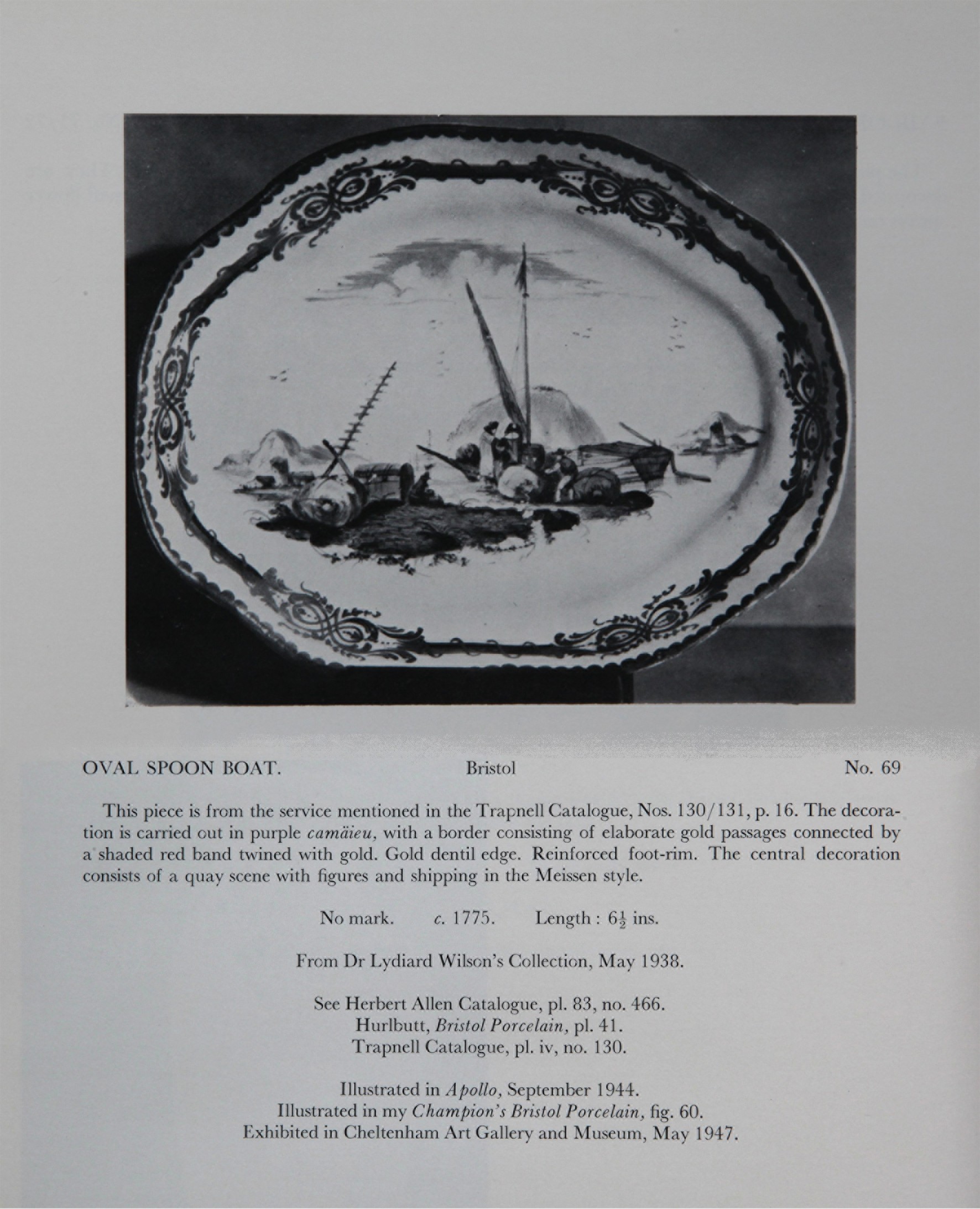 Spoon boat from fine service painted with harbour scenes, No. 69 from the Mackenna Collection