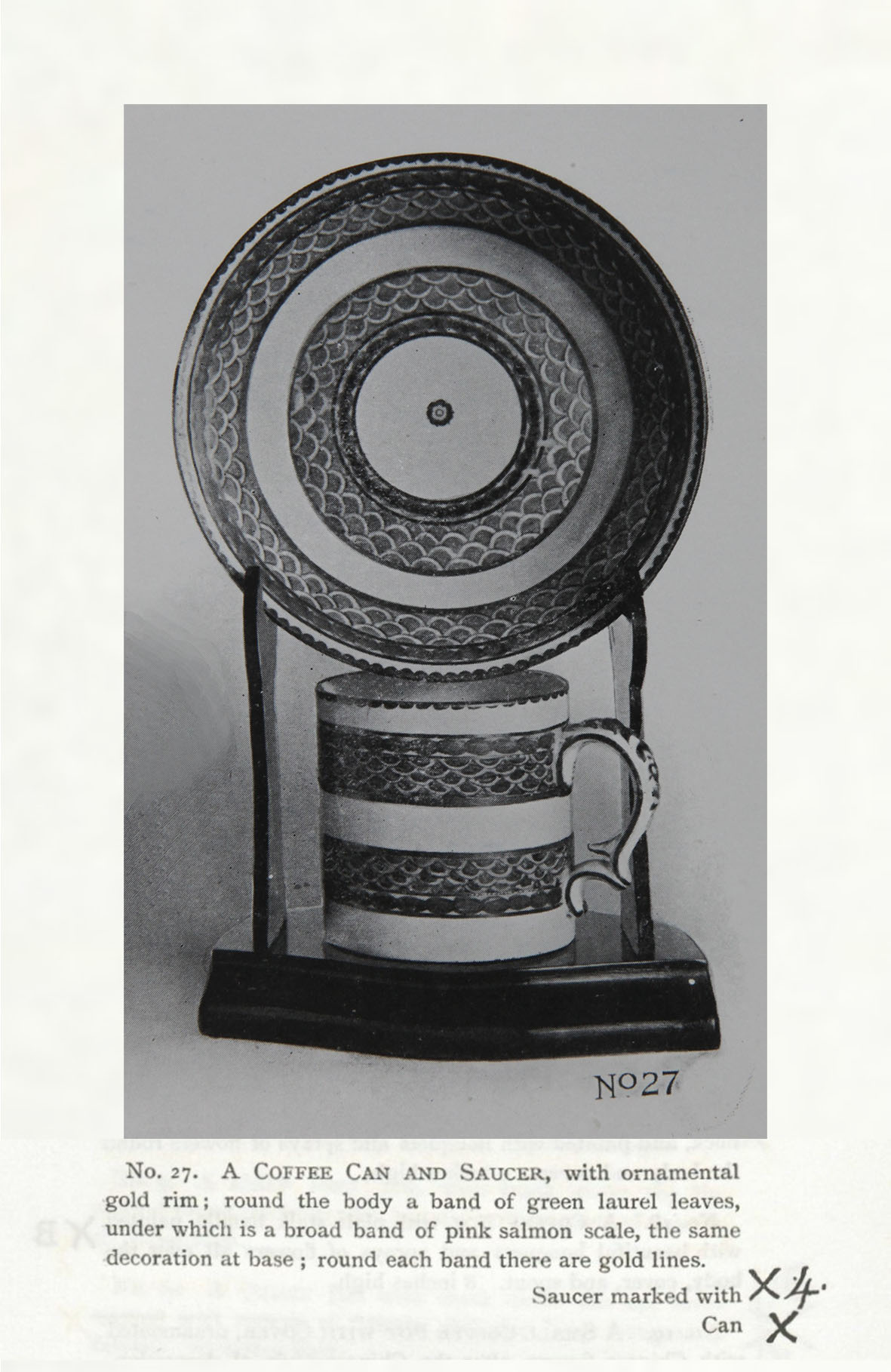 A cabinet cup and saucer with pink scale bands, No. 27 from the Trapnell Collection