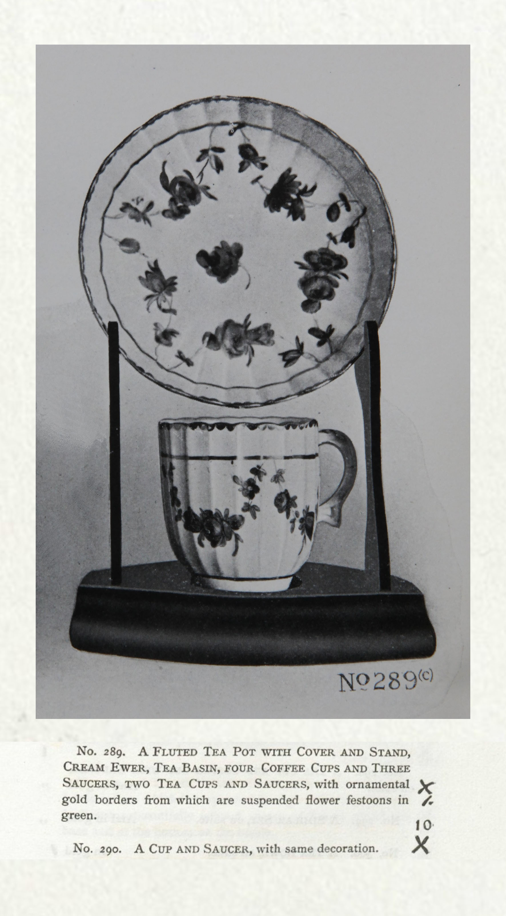 A fluted cup and saucer with garlands looping over a gilt line, No. 289 from the Trapnell Collection