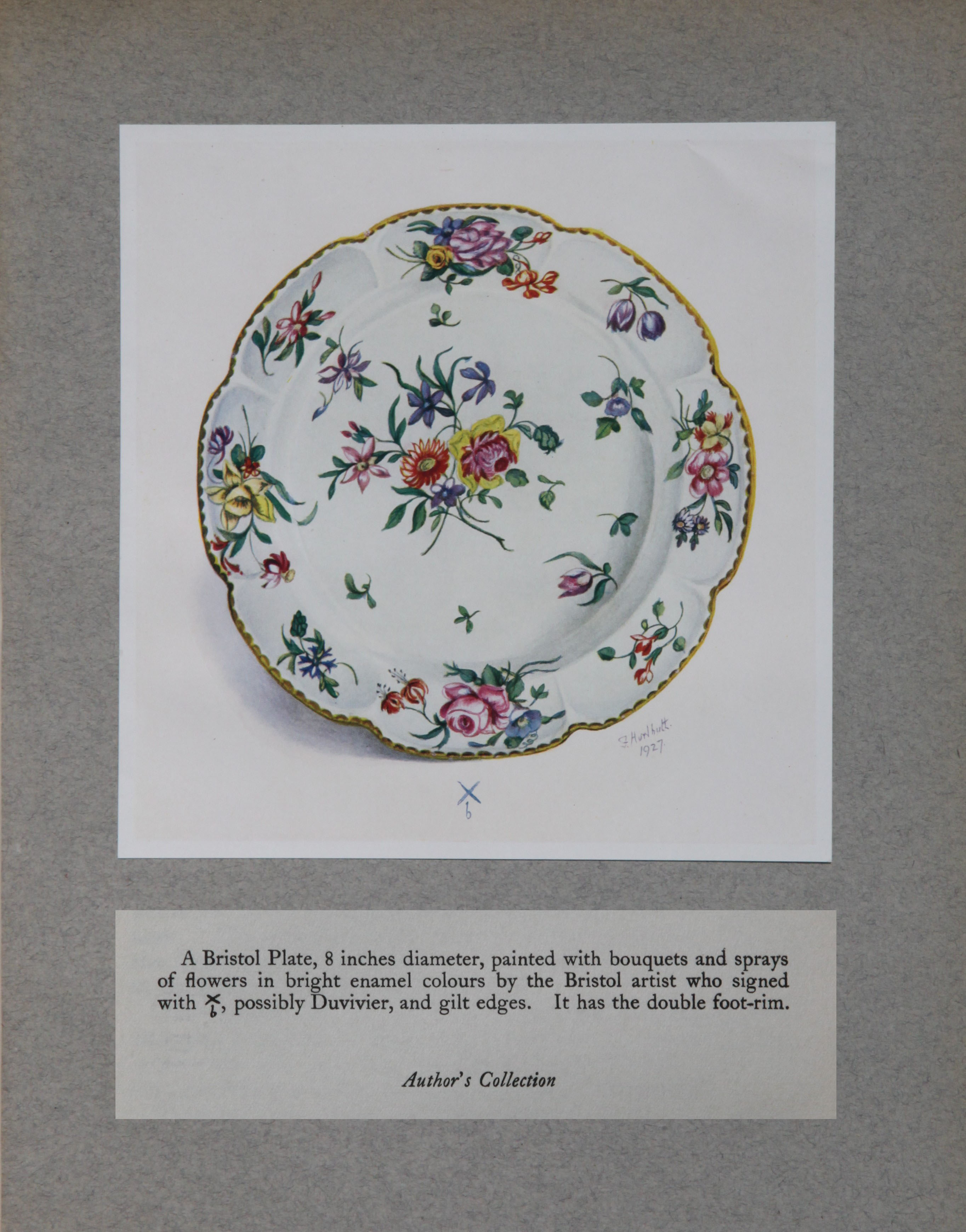 A plate with colourful sprays surrounded by gilt dentil rim, from the Hurlbutt collection