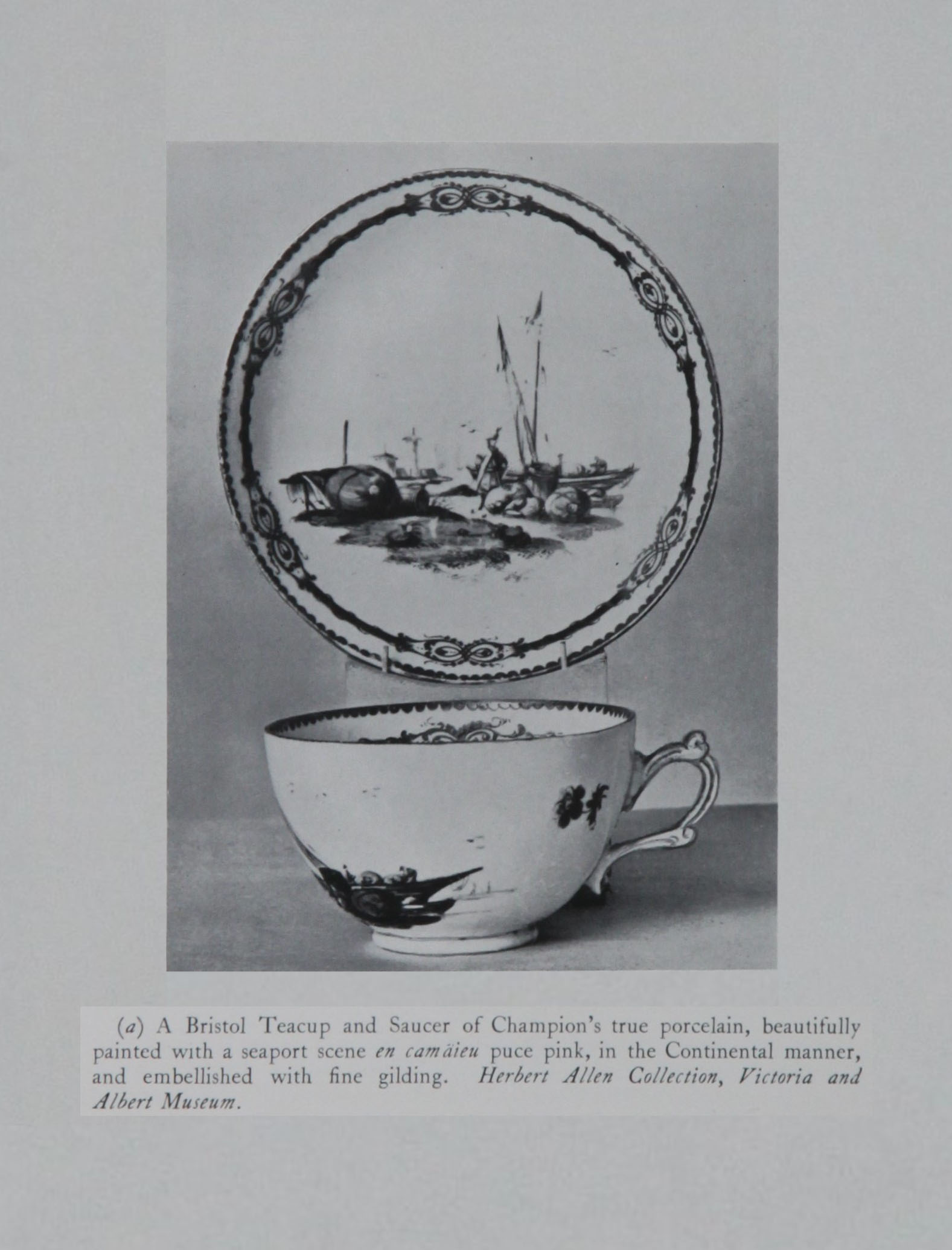 A teacup and saucer painted with harbour scenes, from the V&A Museum