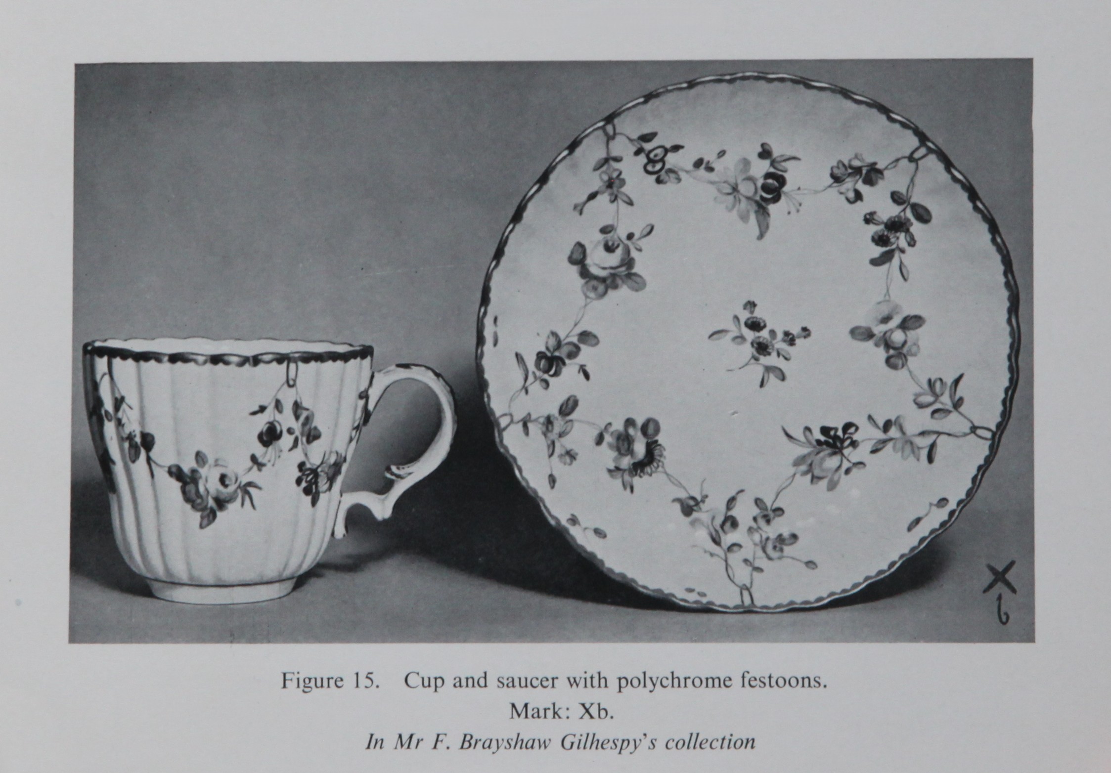 Cup and saucer with garlands suspended from gilt loops, from F, Brayshaw Gilhespy's collection