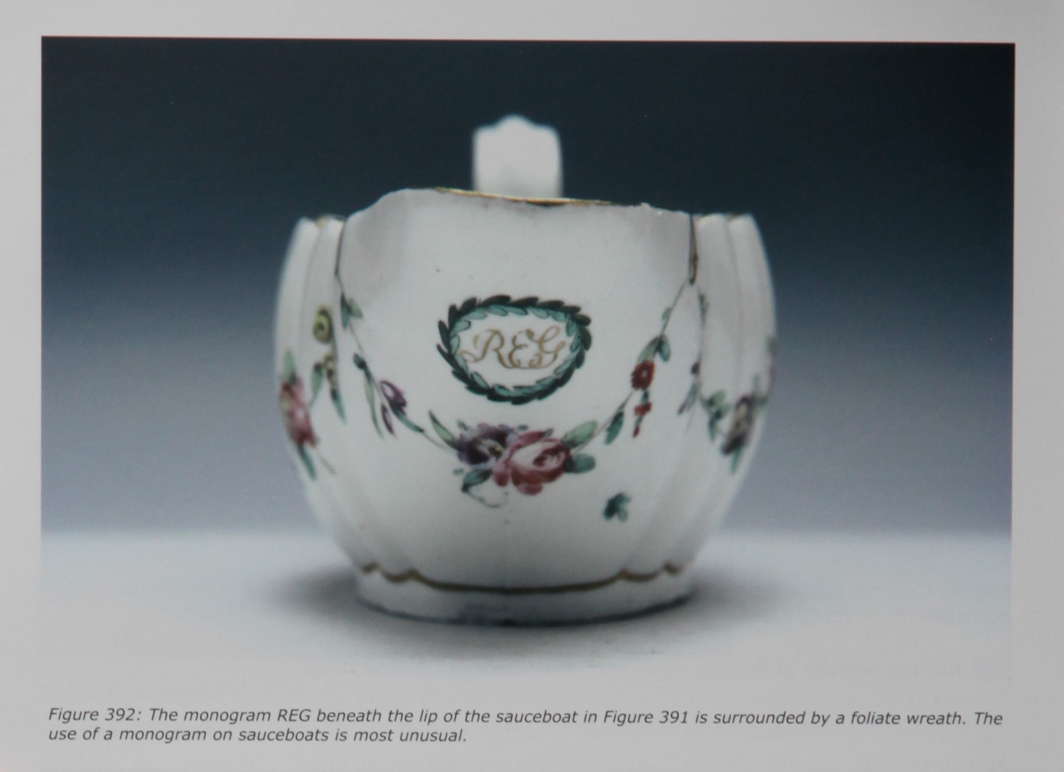 Sauceboat with REG monogramme from Nicholas Panes' English Porcelain Sauceboats of the 18th Century