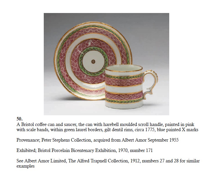 A fine cabinet cup and saucer with pink scale, green laurel and gilt bands, from Albert Amor's Creed sale
