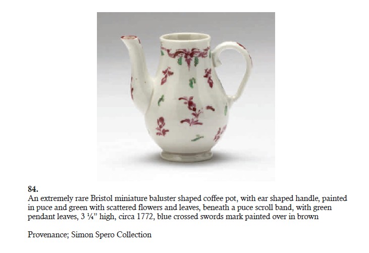 A tiny coffee pot, with crossed sword mark painted over. From the Creed sale at Albert Amor
