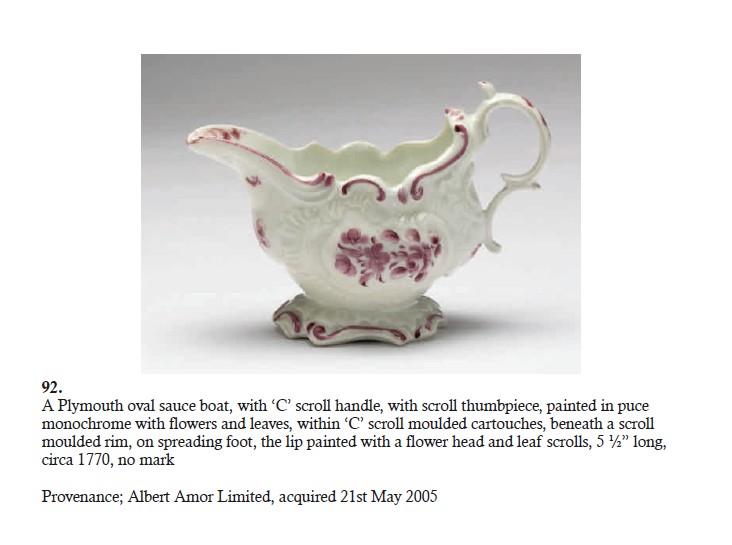 A rococo sauceboat finely painted in puce, from the Creed sale at Albert Amor