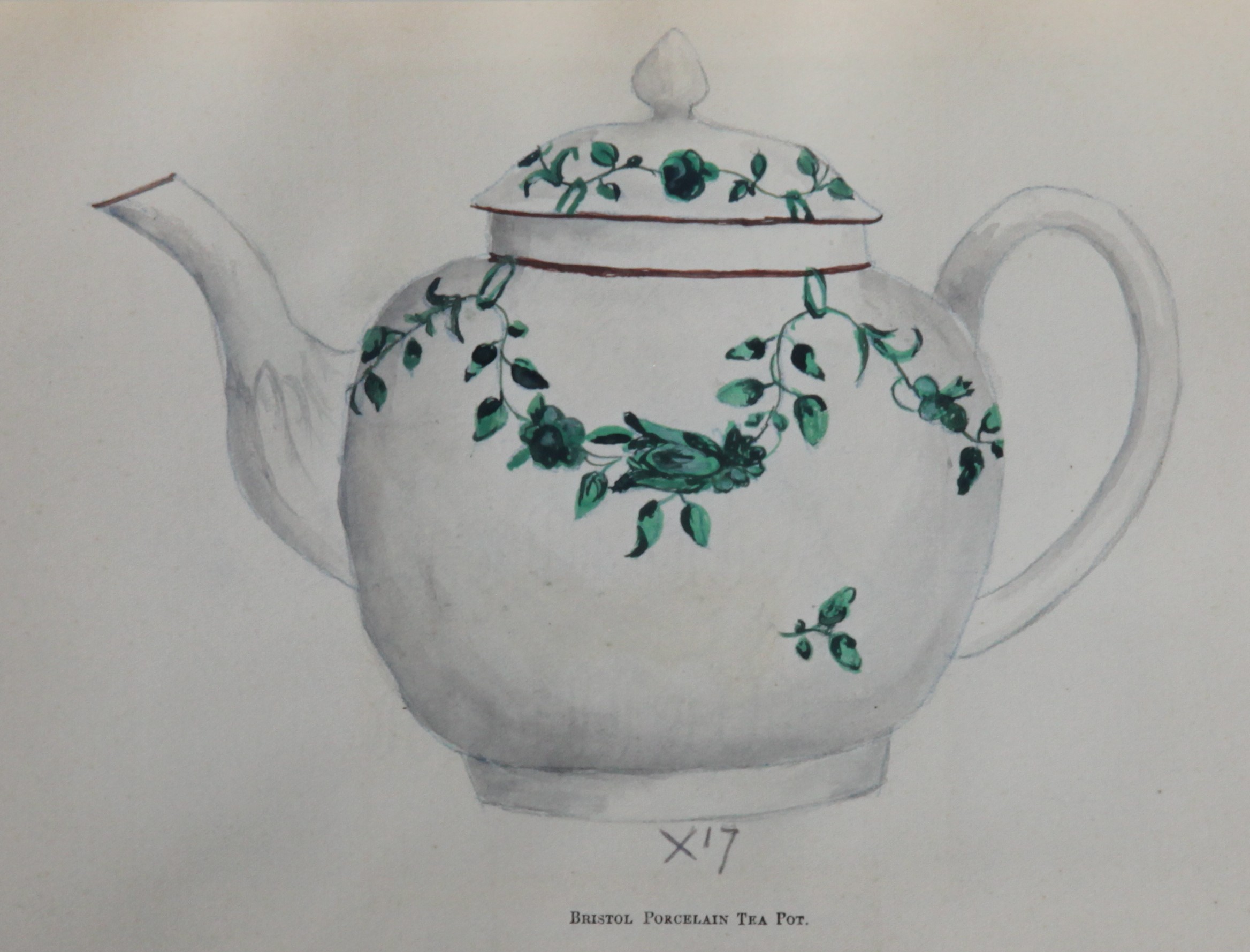 Teapot with green garlands suspended from green loops hanging from an iron red rim line, from Priscilla Fry's Illustrations