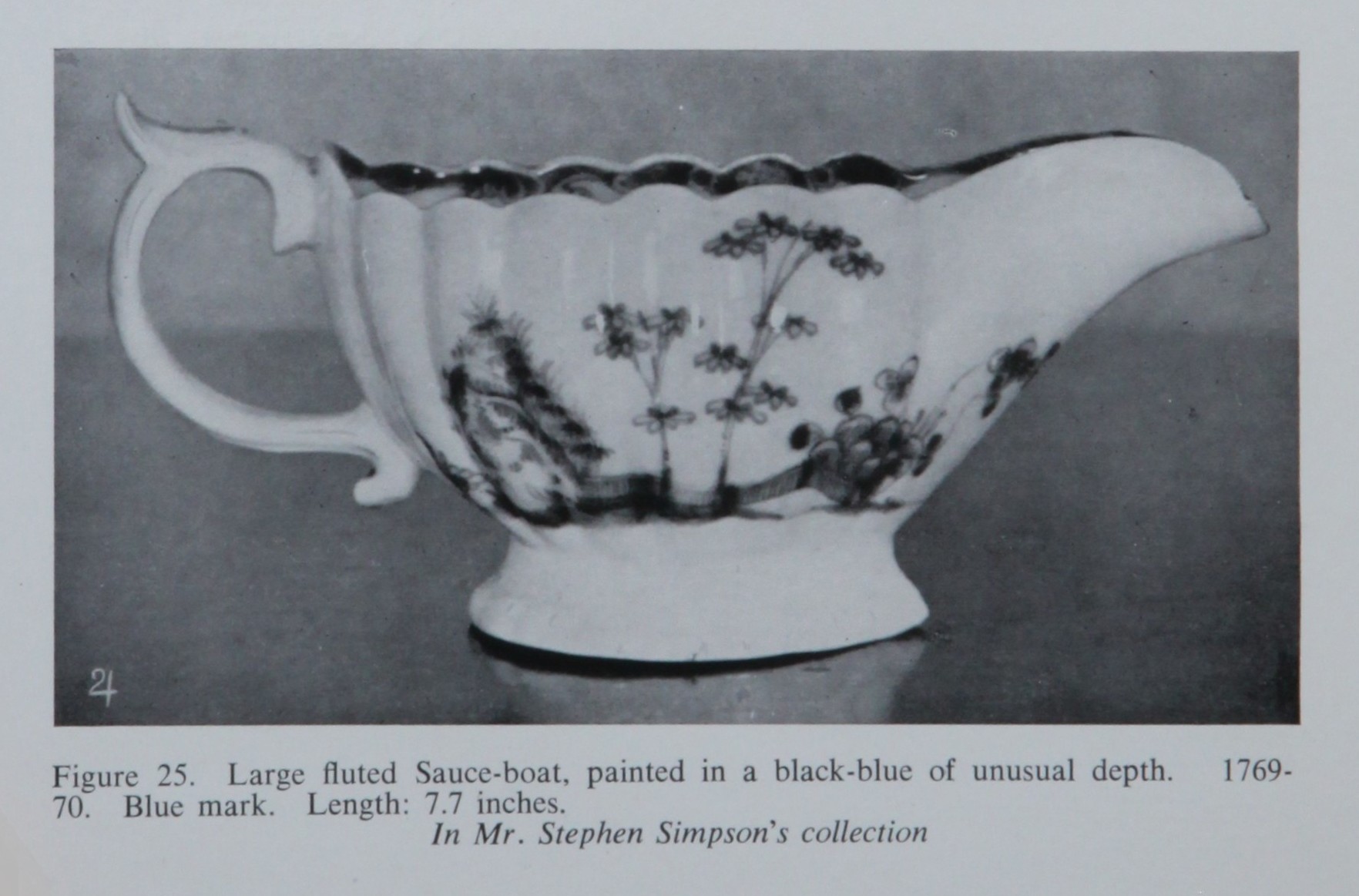 Blue/white sauceboat in Stephen Simpson's collection, illustrated in Mackenna's Cookworthy