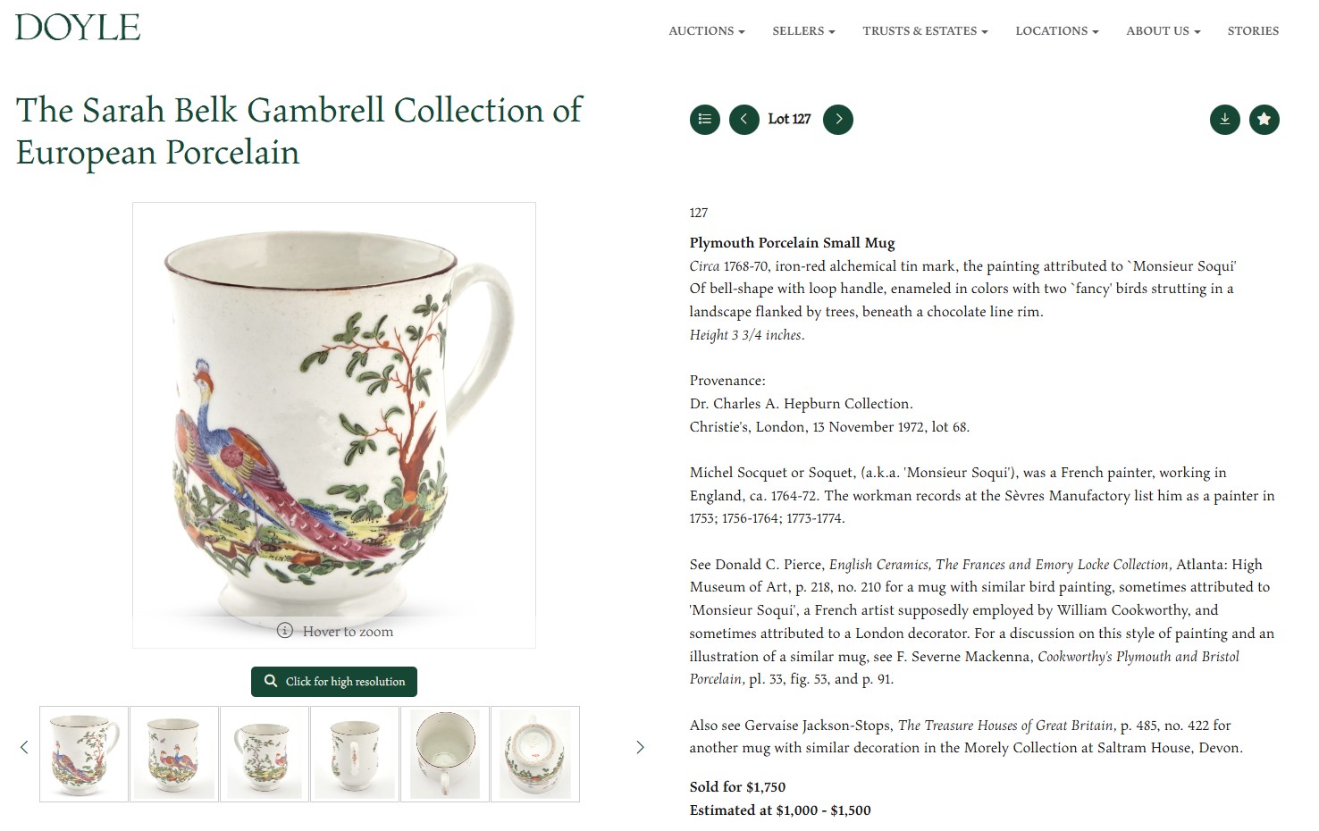 A mug selling at Doyle in NYC, 2021
