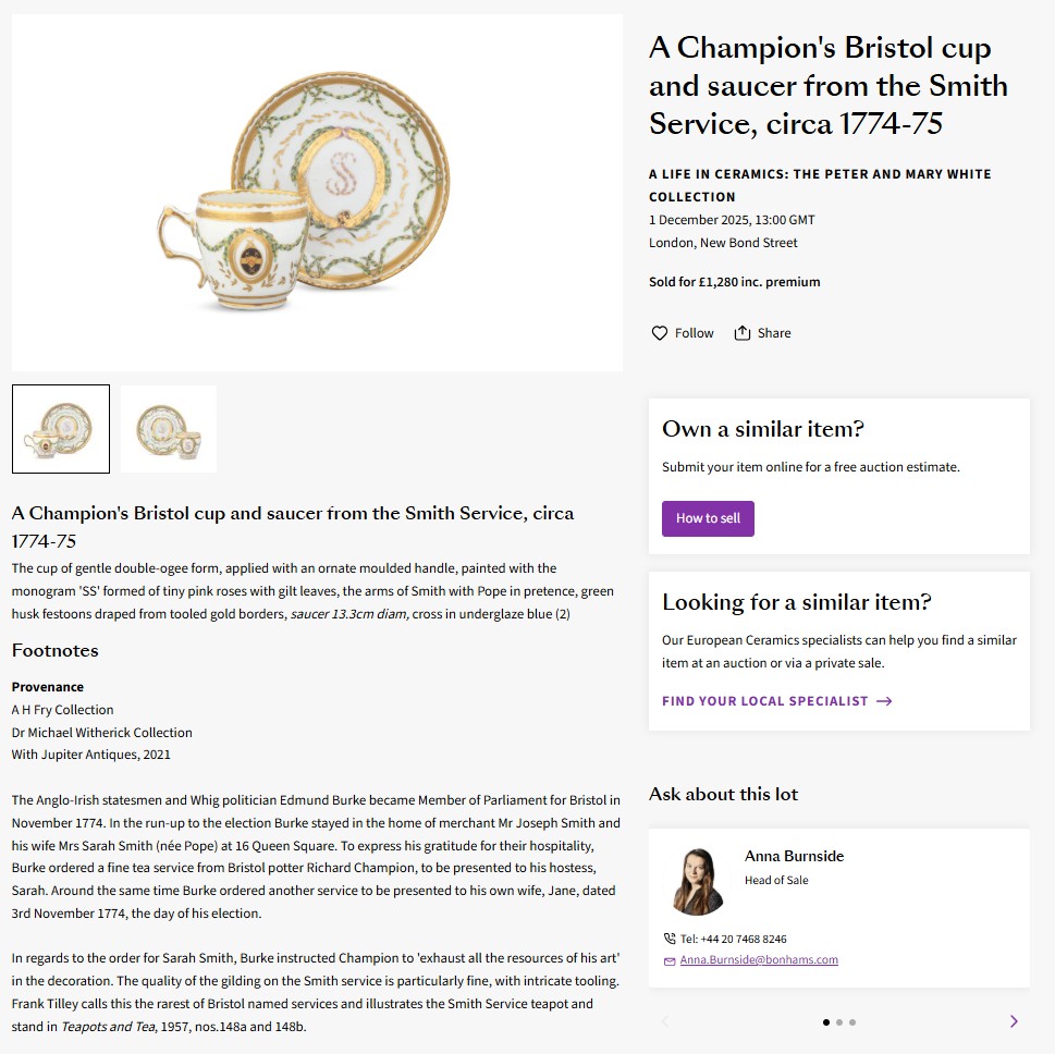 The Smith cup and saucer at Bonhams, December 2025