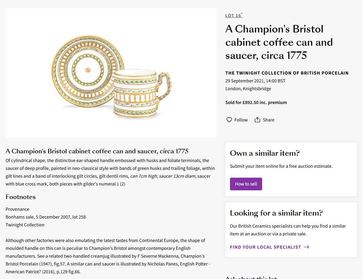 A Bristol cabinet cup and saucer at Bonhams, Sept 2021