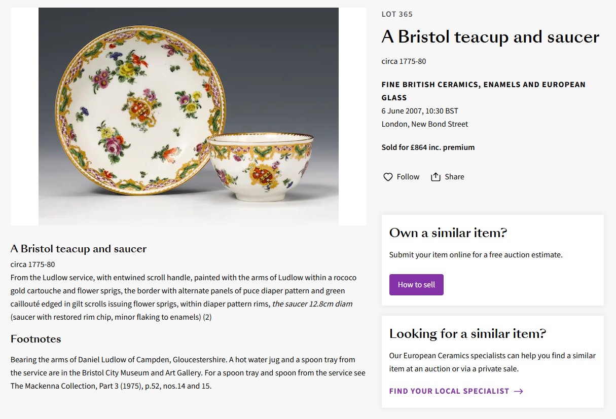 A tea cup and saucer from the Ludlow service at Bonhams, June 2007