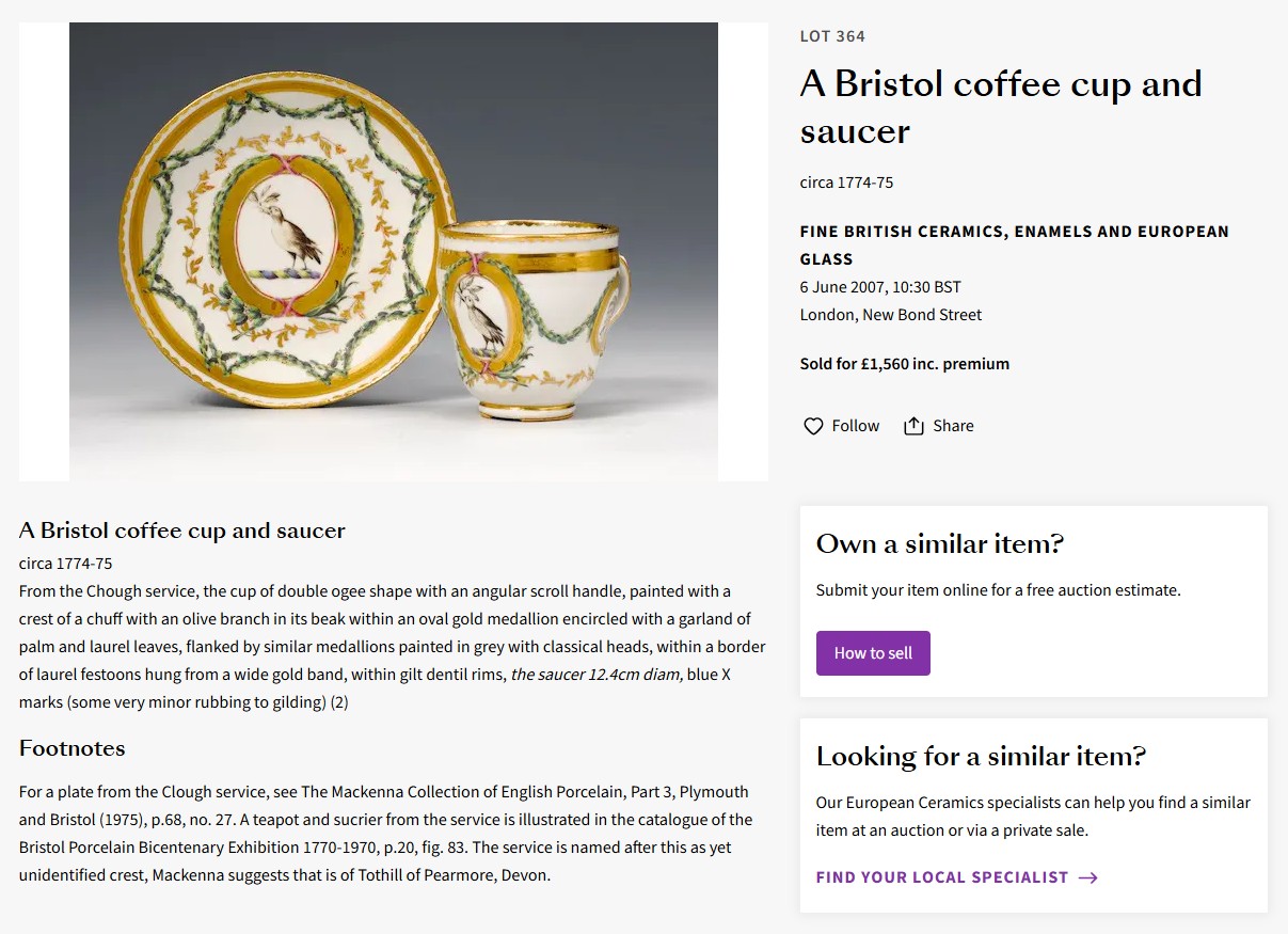 Coffee cup and saucer from the Chough service at Bonhams, June 2007
