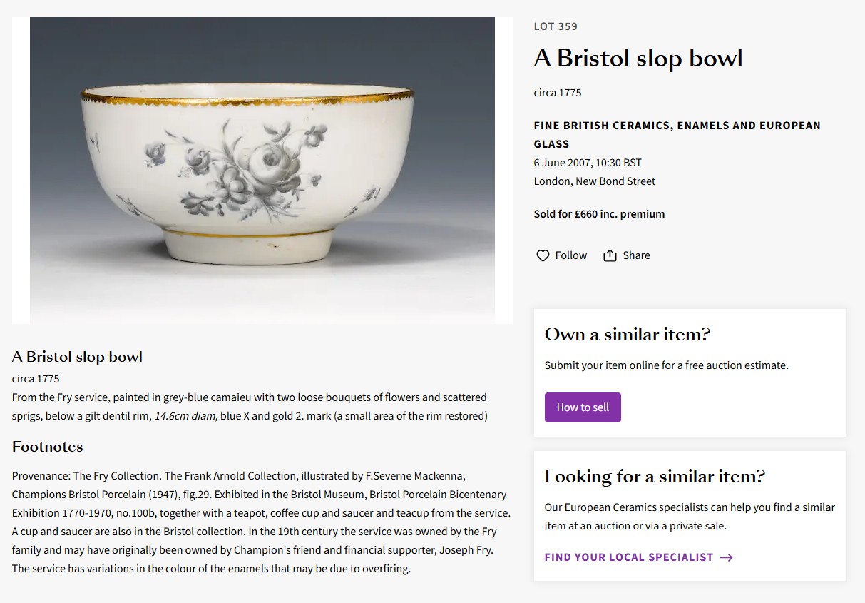 Slop bowl from the Fry service at Bonhams, June 2007