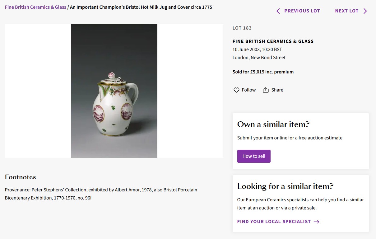 Hot water jug at Bonhams, June 2003