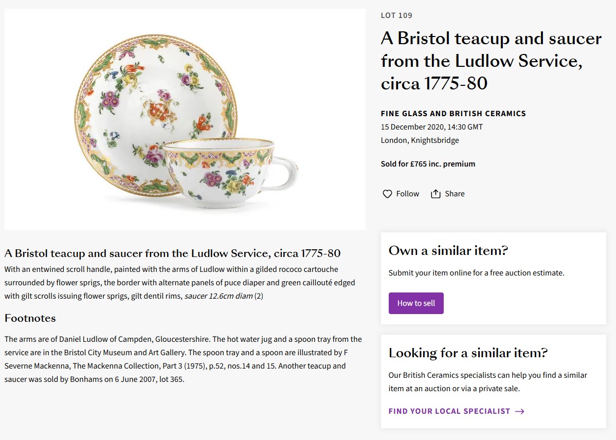 A Ludlow service cup and saucer at Bonhams, December 2020
