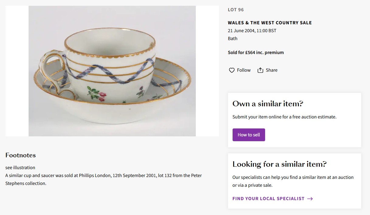 A cup and saucer with Nelson decoration at Bonhams, June 2004