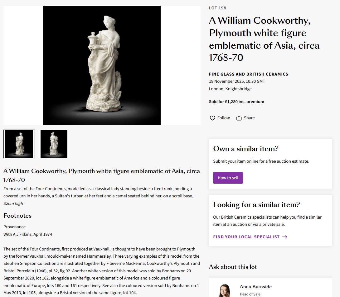 Asia, in white (a different one) at Bonhams, November 2025