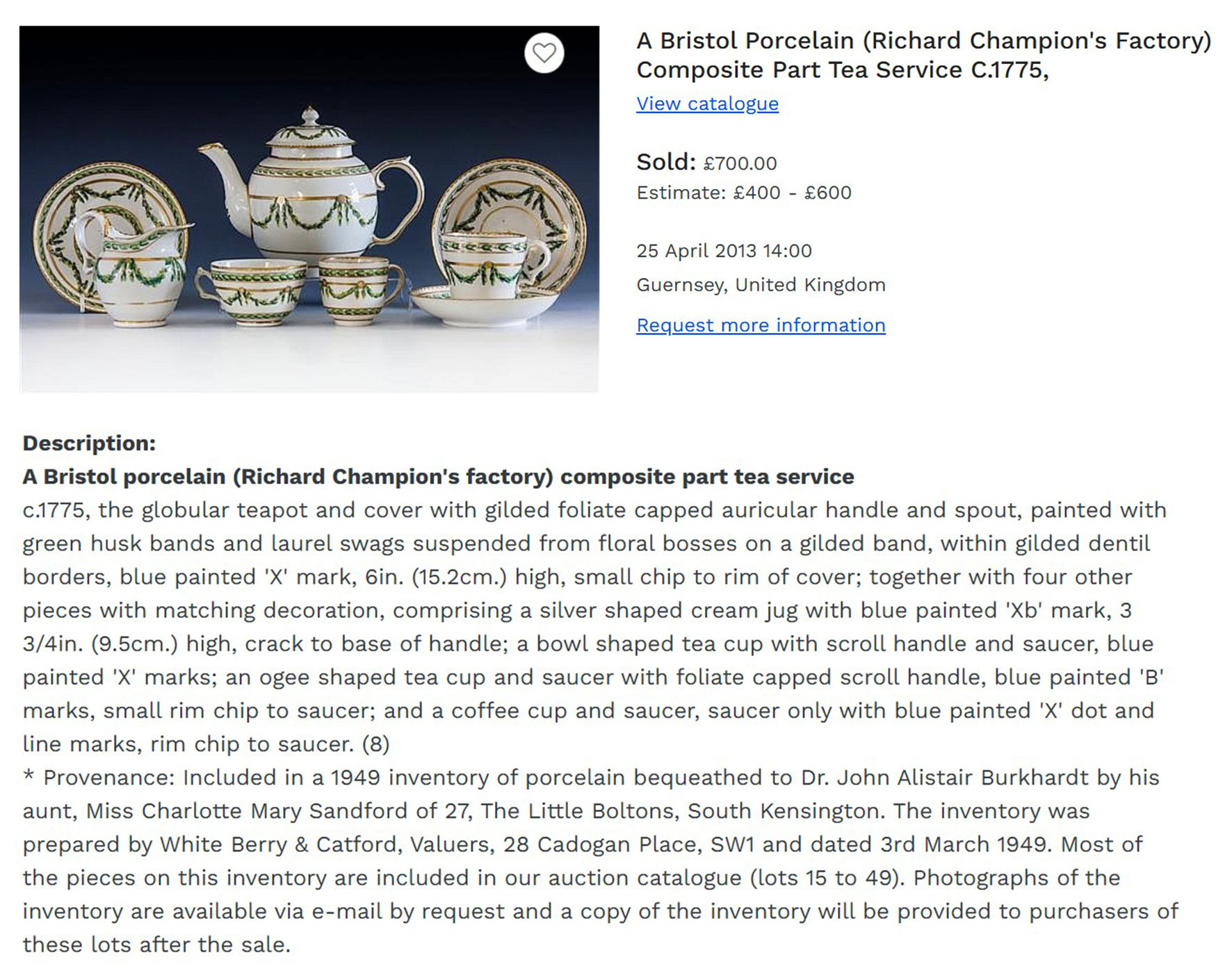 Laurel swag pieces from the Burkhardt collection selling at Martel Maides, 2013