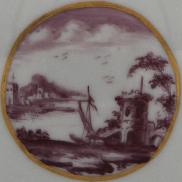 A rare Bristol ovoid hot water jug and cover, from the Mark Harford Service, with entwined handle and purple flower knop, painted in purple monochrome with classical buildings in harbour scenes, within three roundels, beneath green leaf, purple scroll and gilt borders, circa 1775, unmarked.