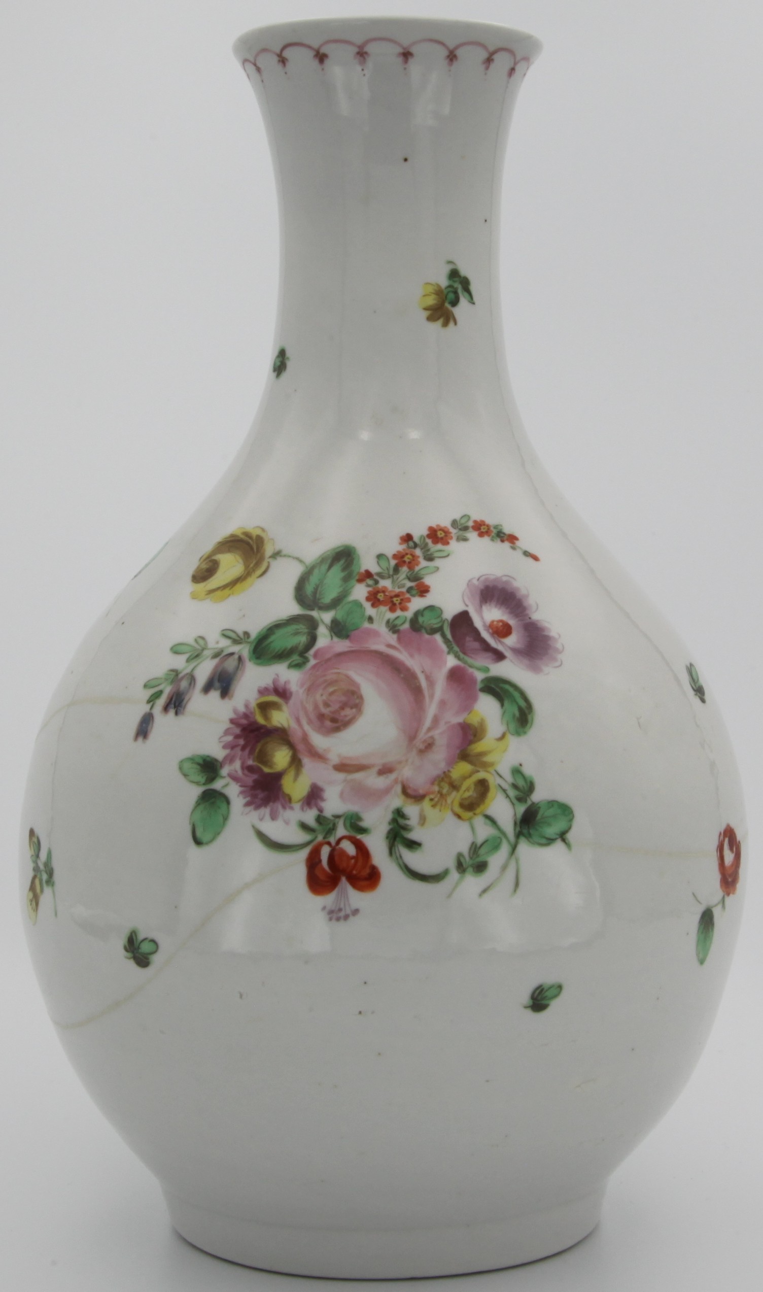 A large Bristol guglet painted with flower sprays and sprigs, slim puce patterned line at top, X6 mark, circa 1775