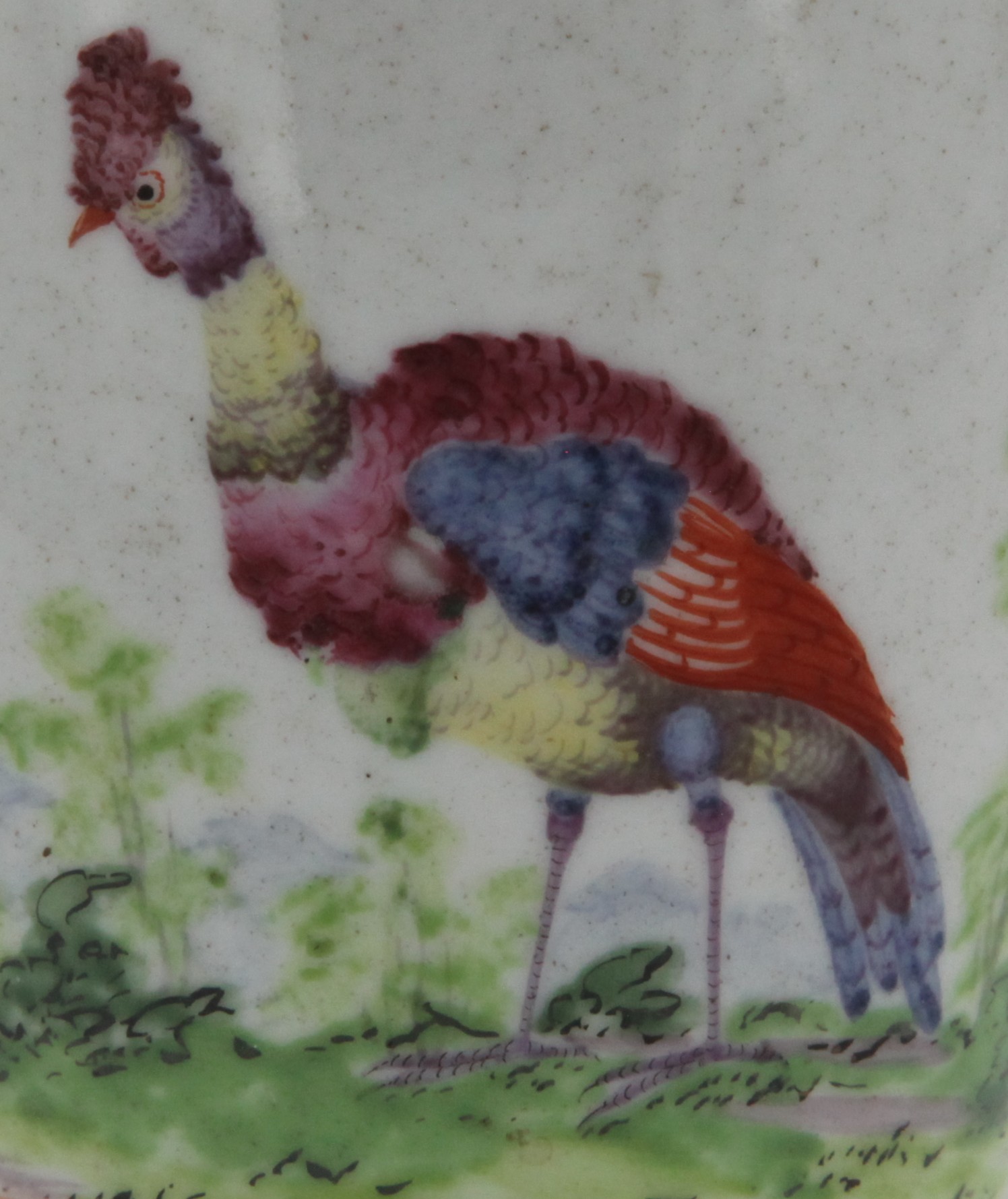 A Plymouth vase and cover painted with an exotic bird in bright colours, standing in landscape. Painted by Michel Socquet (Mons. Soqui). c. 1768-70 Mark: Tin mark in gold.