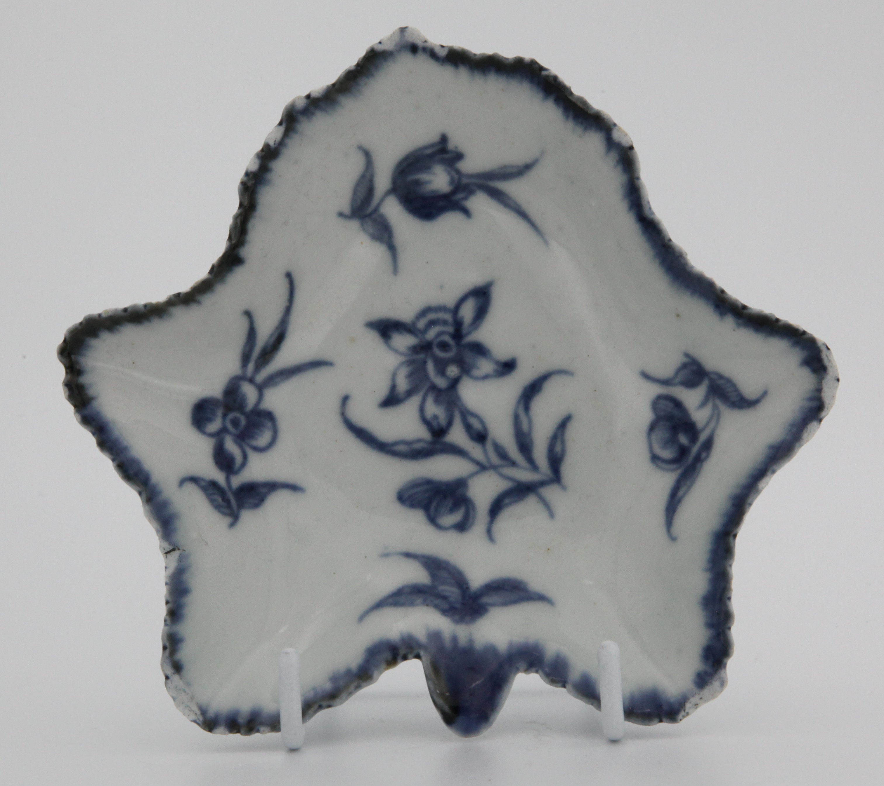 A Bristol Narcissus pattern blue/white pickle dish C1770-75. Unmarked.