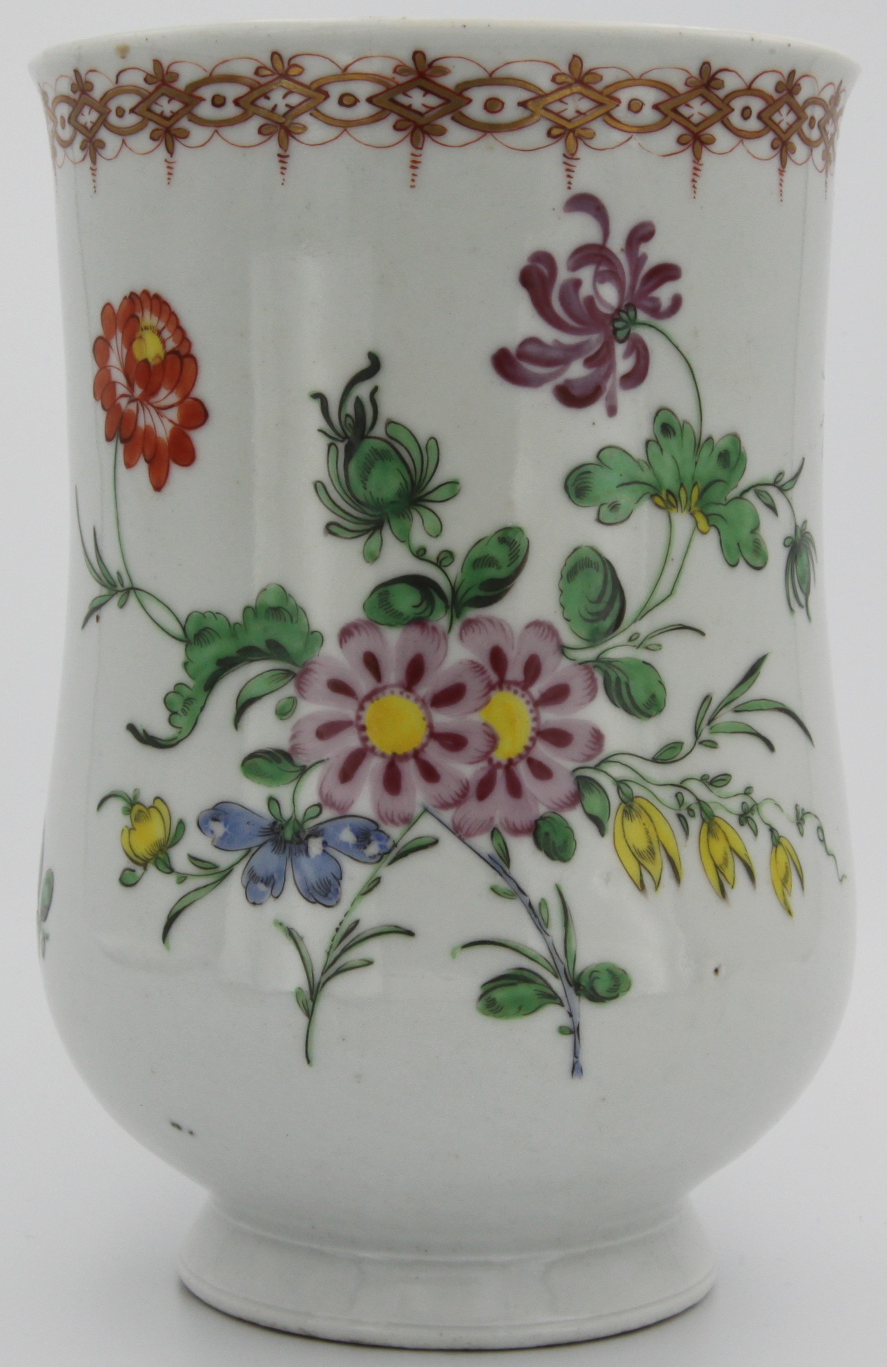 Plymouth large mug bell-shaped with a turned foot and grooved loop handle, painted with a spray of colourful flowers and sprigs and an insect all under a stylized gilt and orange band. No mark