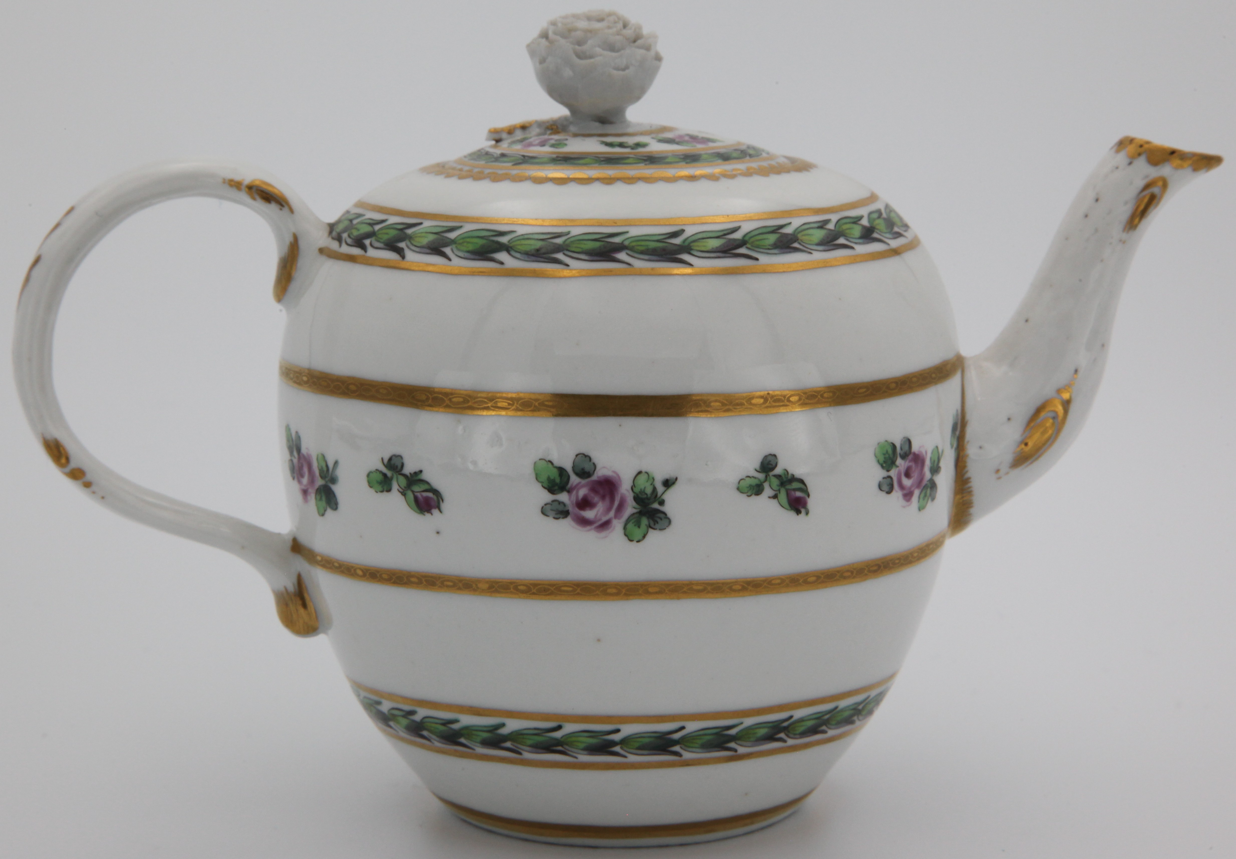 Bristol fine teapot and cover with finely modelled white flower knop, with moulded handle decorated with gilt, painted with two acanthus leaf borders between thick gilt lines and small lavender roses between heavy gilt lines by Henry Bone, mark underglaze blue crossed  swords and gilt 1.