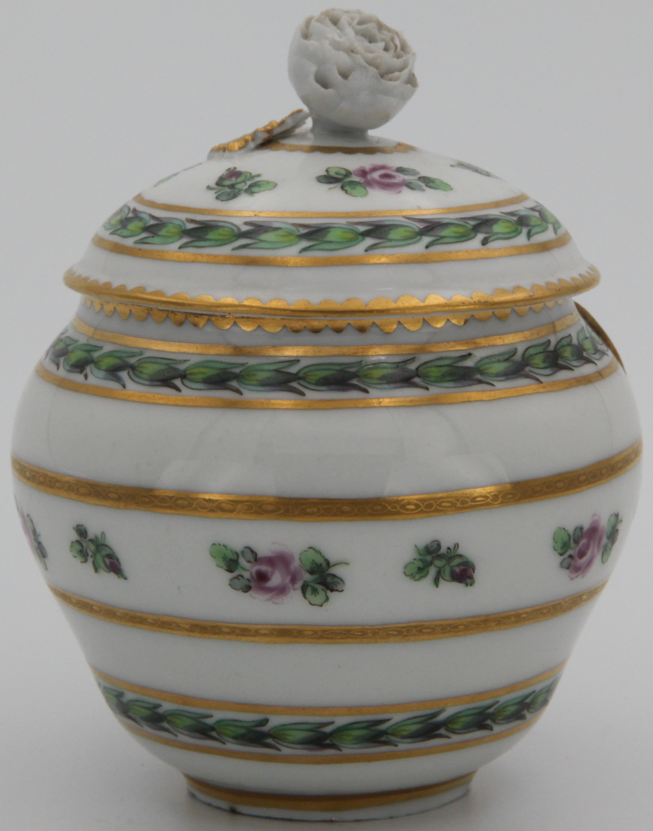 Bristol fine sucrier and cover with finely modelled white flower knop, painted with two acanthus leaf borders between thick gilt lines and small lavender roses between heavy gilt lines by Henry Bone, mark  blue painted X and gilt 1.