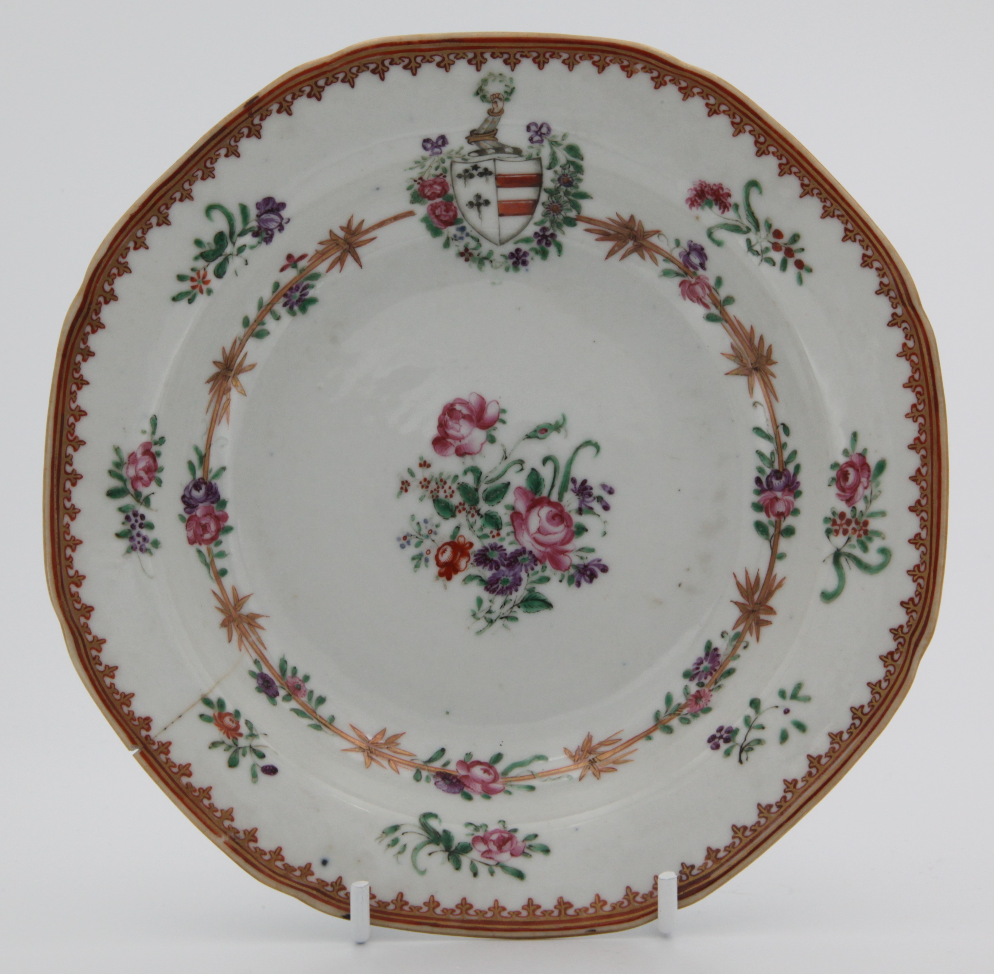A small Chinese export armorial plate with the arms of Champion impaling Mainwaring. See David Sactuary Howard Chinese Armorial Porcelain vol. 1 N4 p388. c. 1775