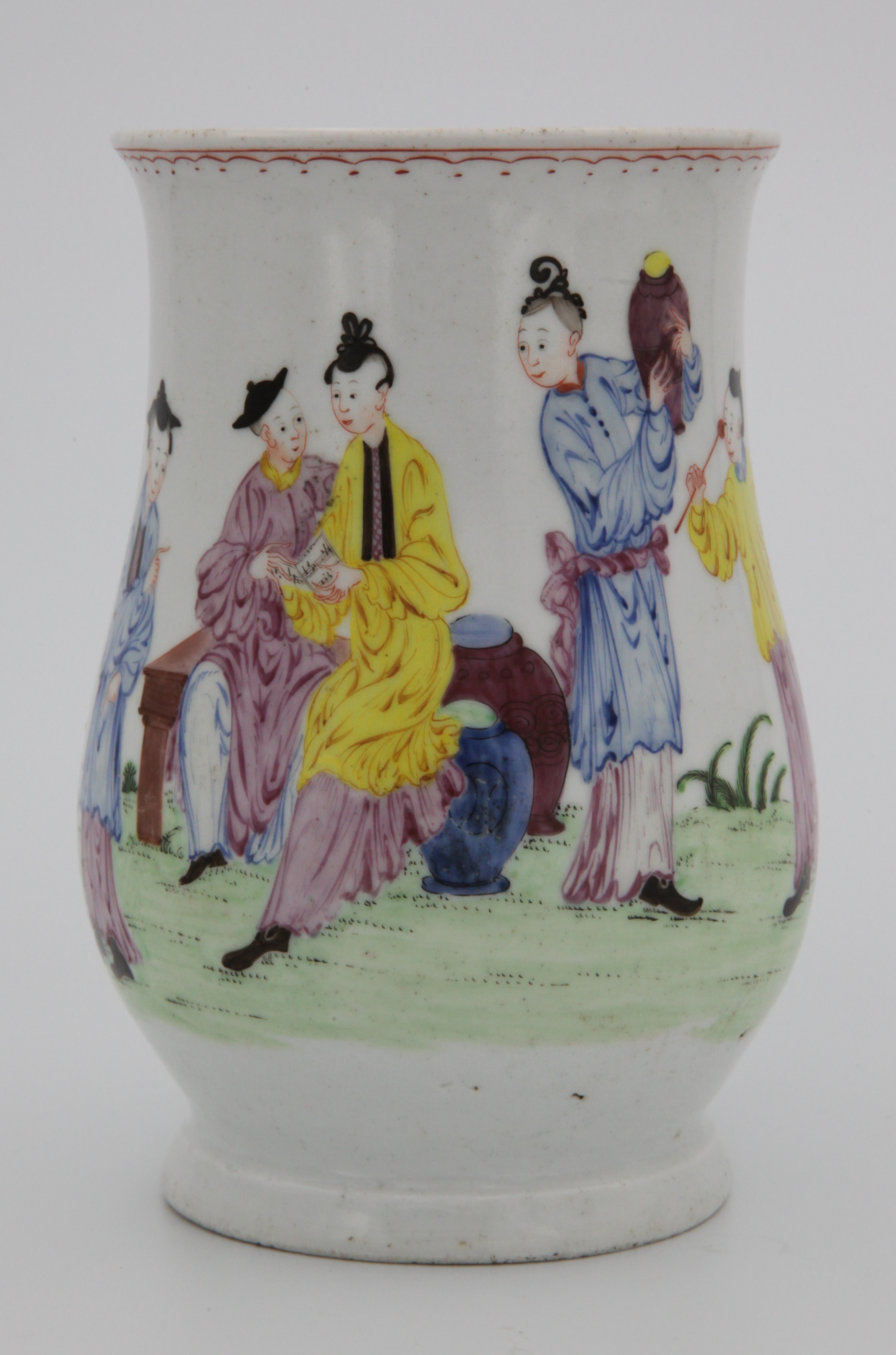 A superb Plymouth large baluster shaped mug, with notched loop handle, brilliantly painted in Chinese famille rose palette with six elegant figures in a garden, flanked by vases of flowers on stands, beneath an iron red loop and dot band, circa 1770, no mark