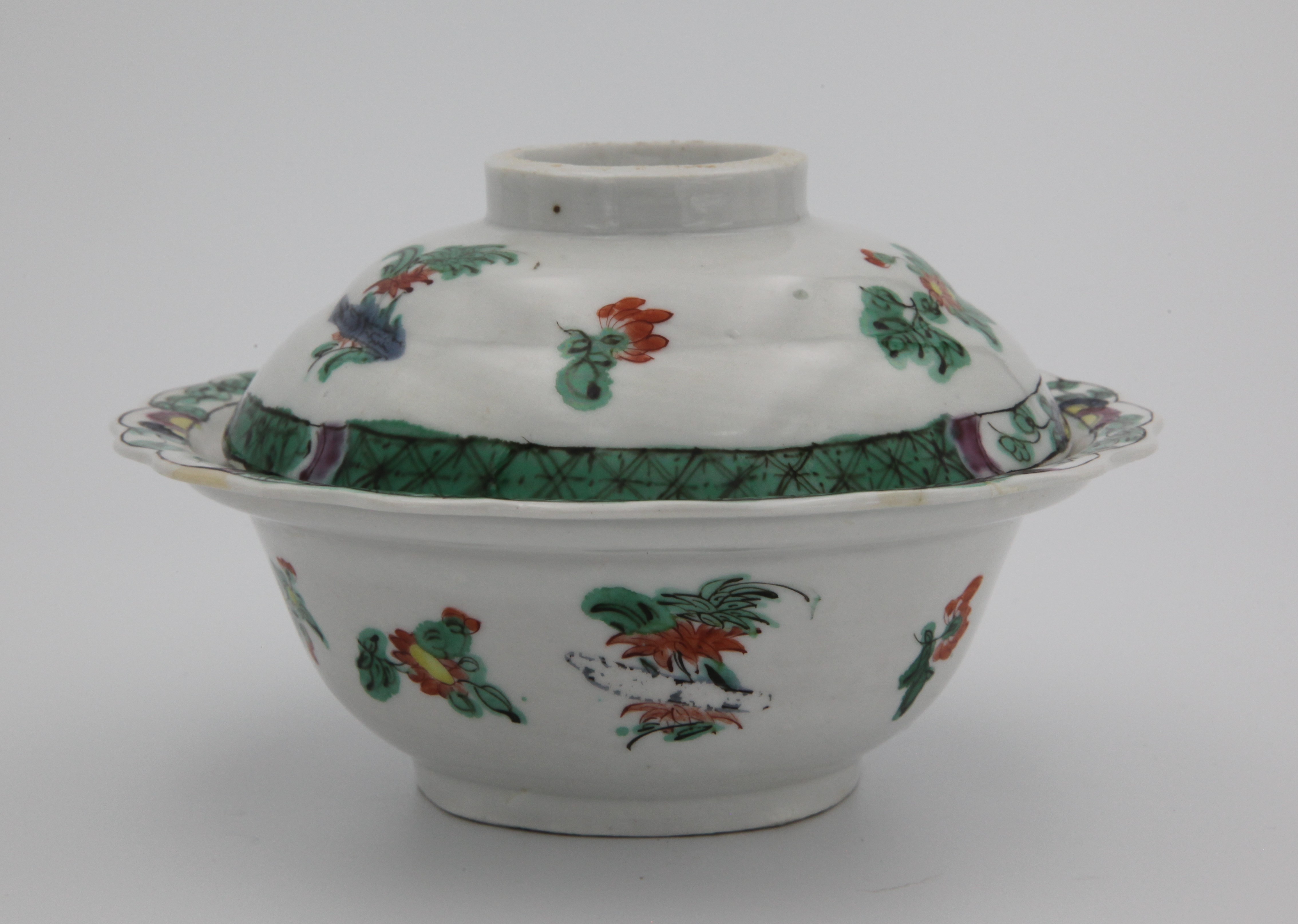 Bowl, from the Oriental service, decorated by No mark, An extremely rare Plymouth round bowl and cover, of Chinese rice bowl form, painted in famille verte palette with flower sprays and winged insects, within flower panelled green diaper borders, circa 1768-70, traces of mark in blue — Plymouth & Bristol porcelain piece 1466