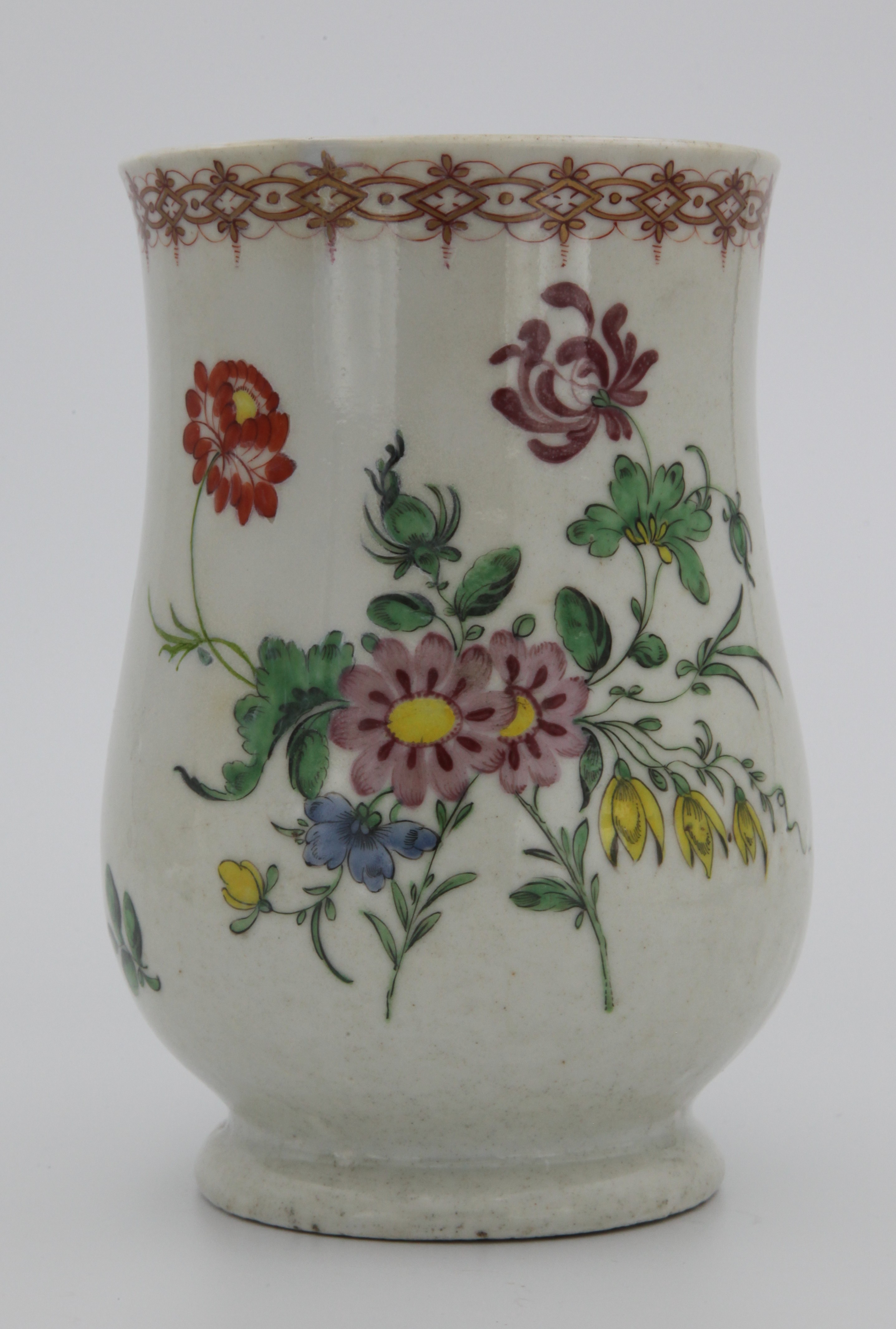 Mug, decorated by No mark, A Plymouth large baluster shaped mug, with notched loop handle, painted in coloured enamels with a bold spray of flowers and leaves, scattered flowers and a winged insect, beneath an iron red and gilt interlinked band, circa 1770, no mark — Plymouth & Bristol porcelain piece 1468