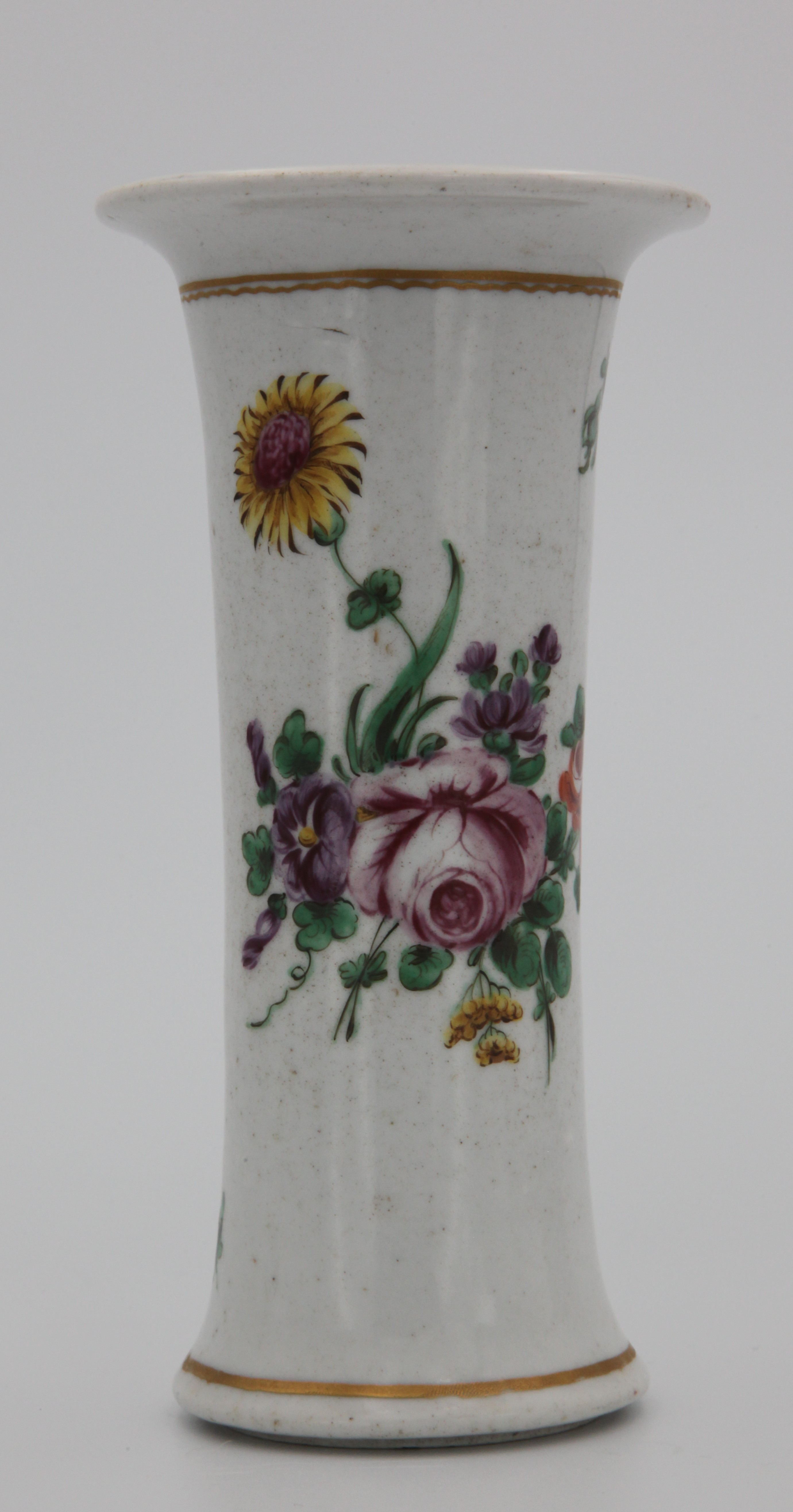 Vase, decorated by No mark, A Plymouth waisted beaker vase, finely painted in coloured enamels with a spray of flowers and leaves, scattered flowers and a butterfly, within gilt line borders, circa 1770, painted tin mark in gilt — Plymouth & Bristol porcelain piece 1470