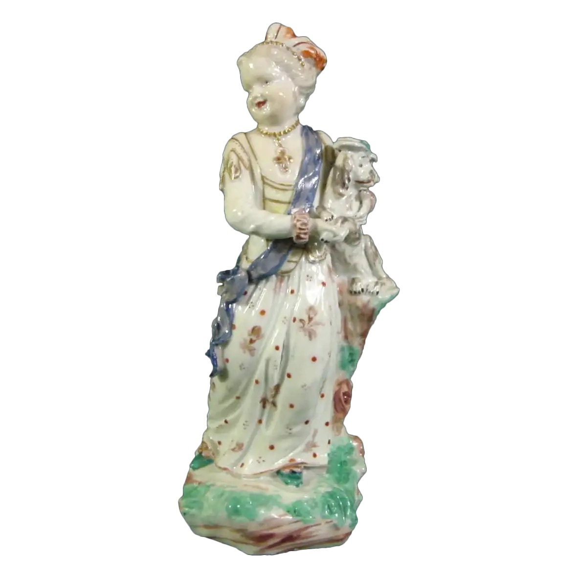 A rare Bristol figure of a young girl, standing, with feathers in her hair, wearing a flowing dress, picked out in gilt, with a puce sash, and holding a spaniel, wearing a hat, under her left arm, on mound base picked out in green and yellow, 7 ¼” high, circa 1775, To mark