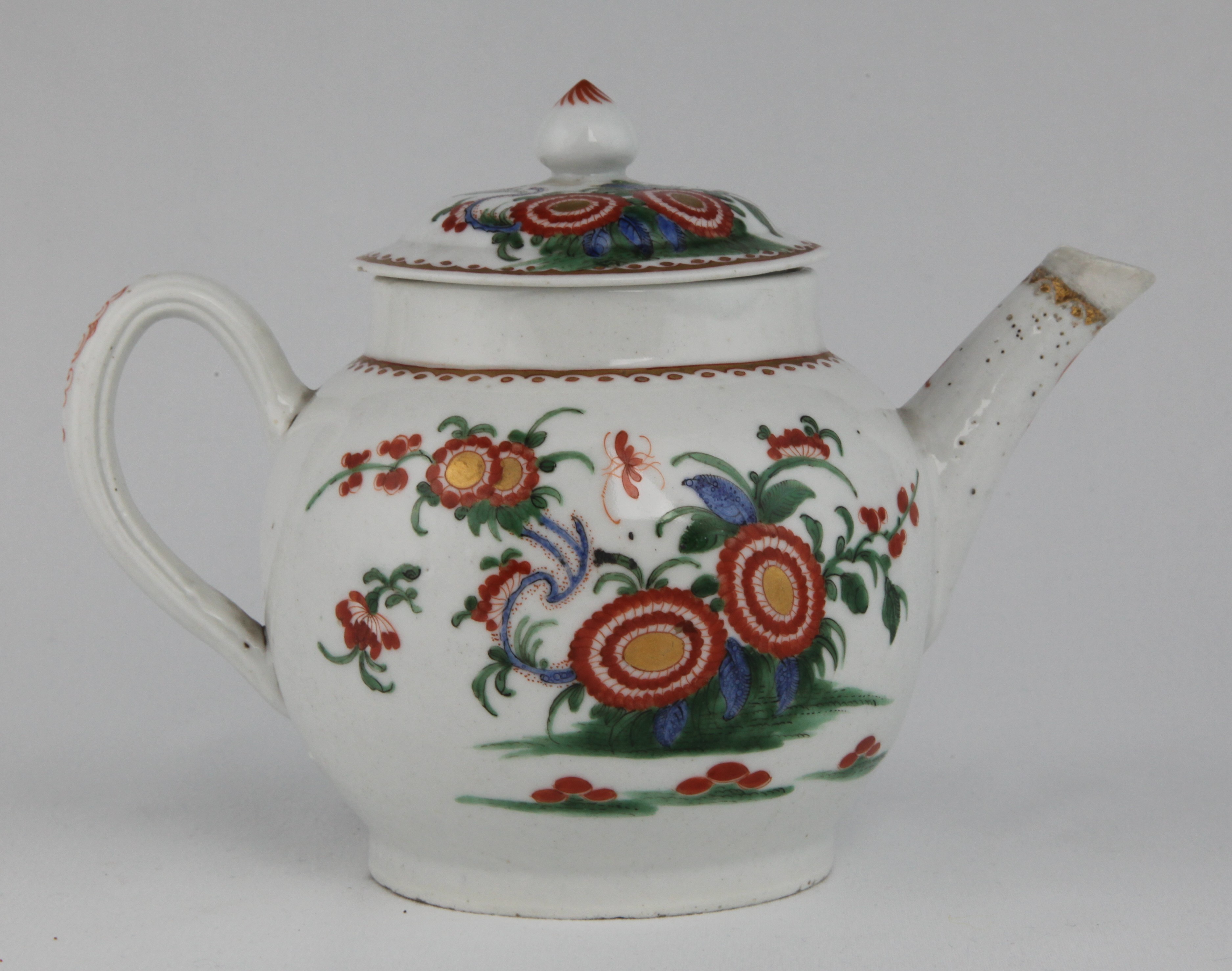 Teapot, from the Kakiemon chrysanthemums service, decorated by No mark, Plymouth very rare kakiemon teapot and cover painted with flowers painted in red, blue, green and gold mark: tin in red — Plymouth & Bristol porcelain piece 1673