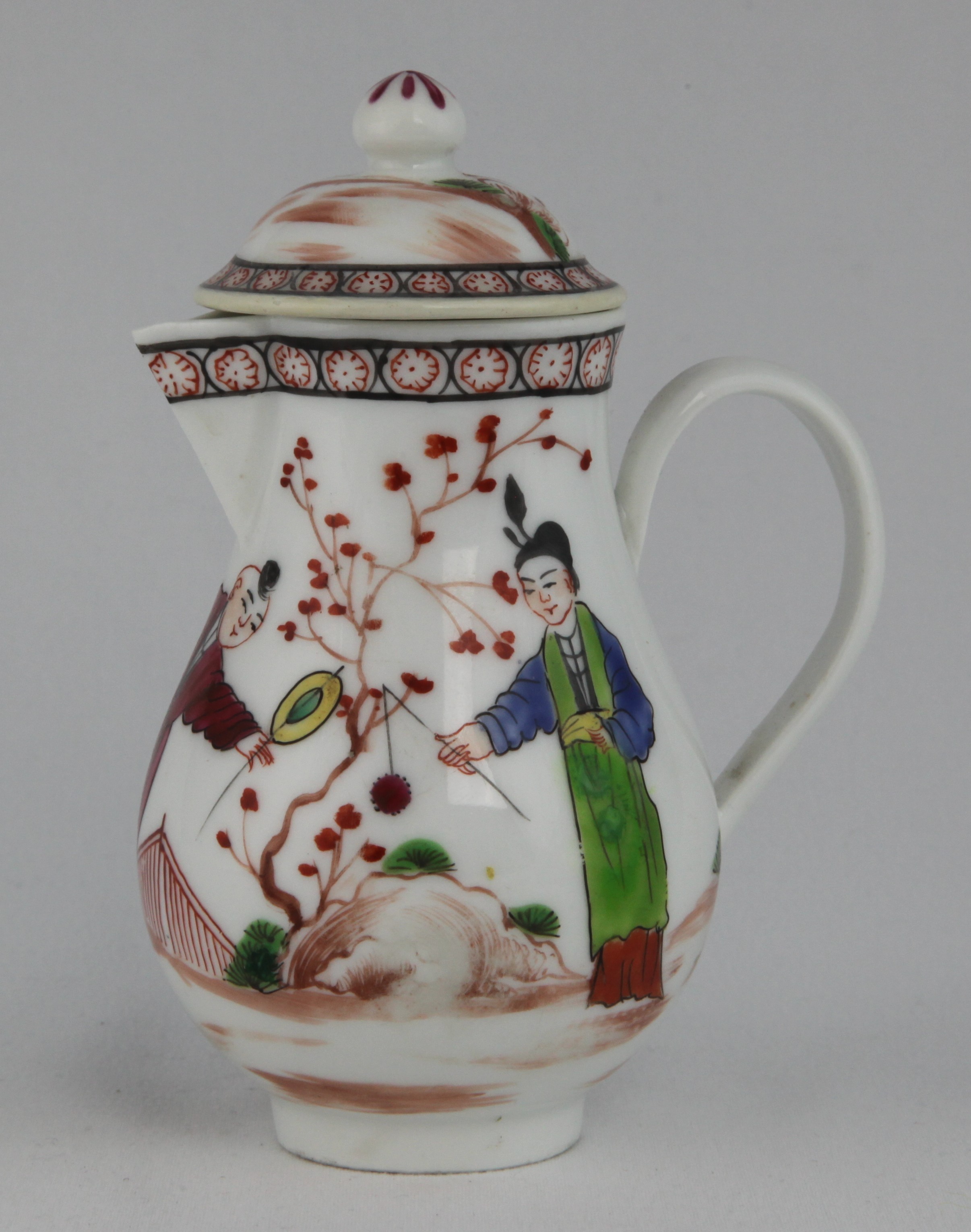 Bristol rare sparrowbeak jug and cover painted with oriental figures under a cell border, mark:  X