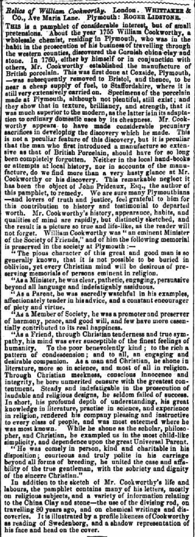 30 November 1853 · Western Courier - Relics of Cookworthy