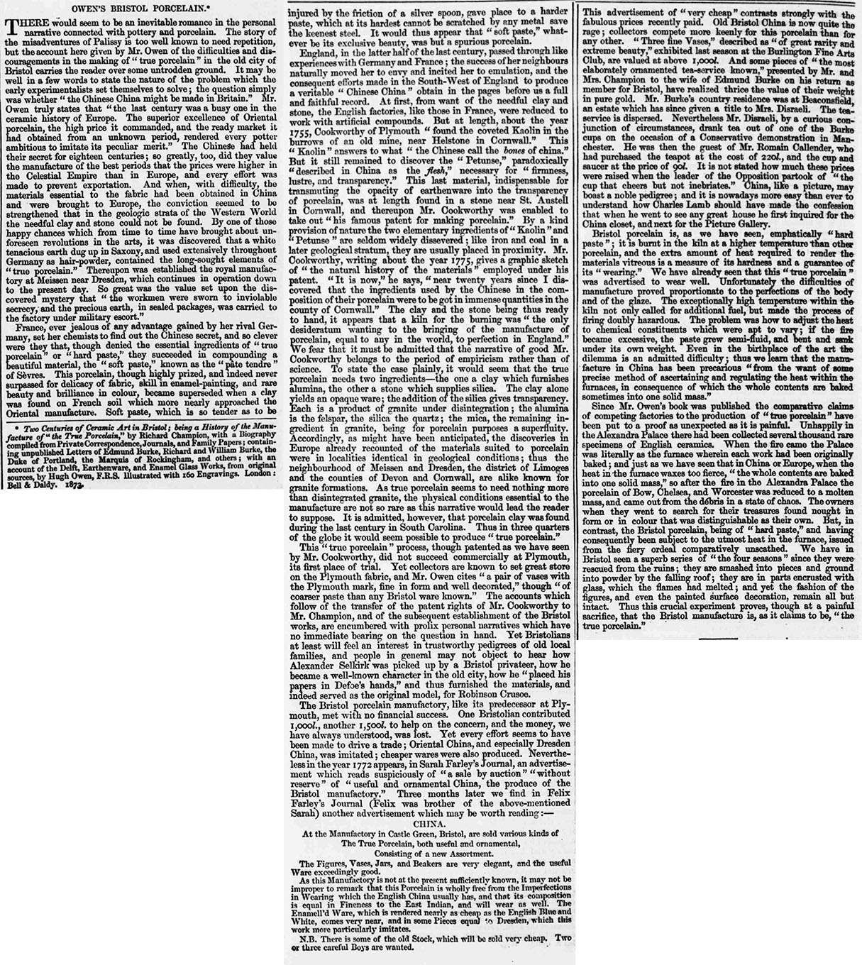 15 November 1873 · Saturday Review - Owen's Bristol Porcelain